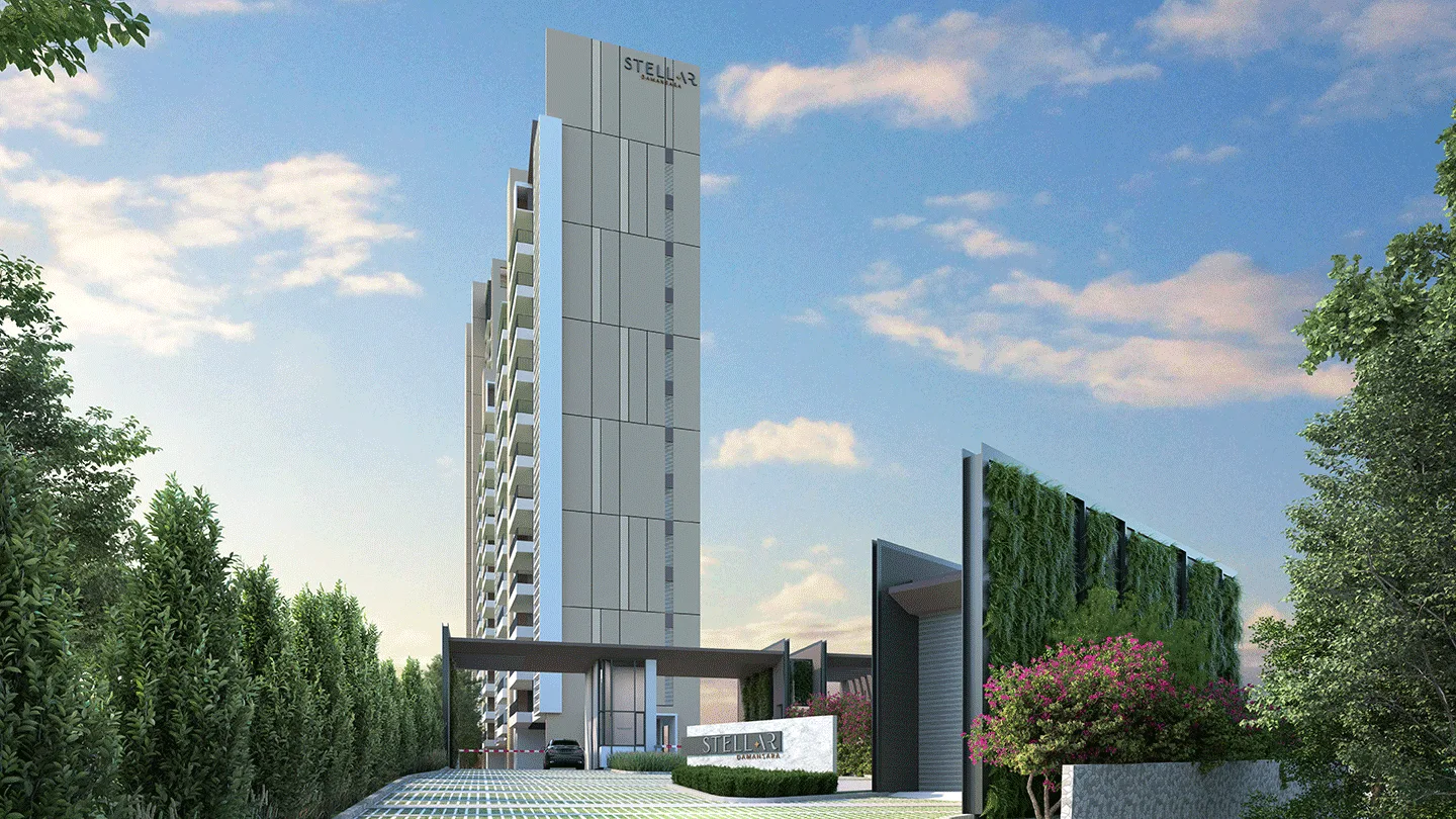 Stellar Damansara tower beside a green feature wall and the arrival gate, artist's impression