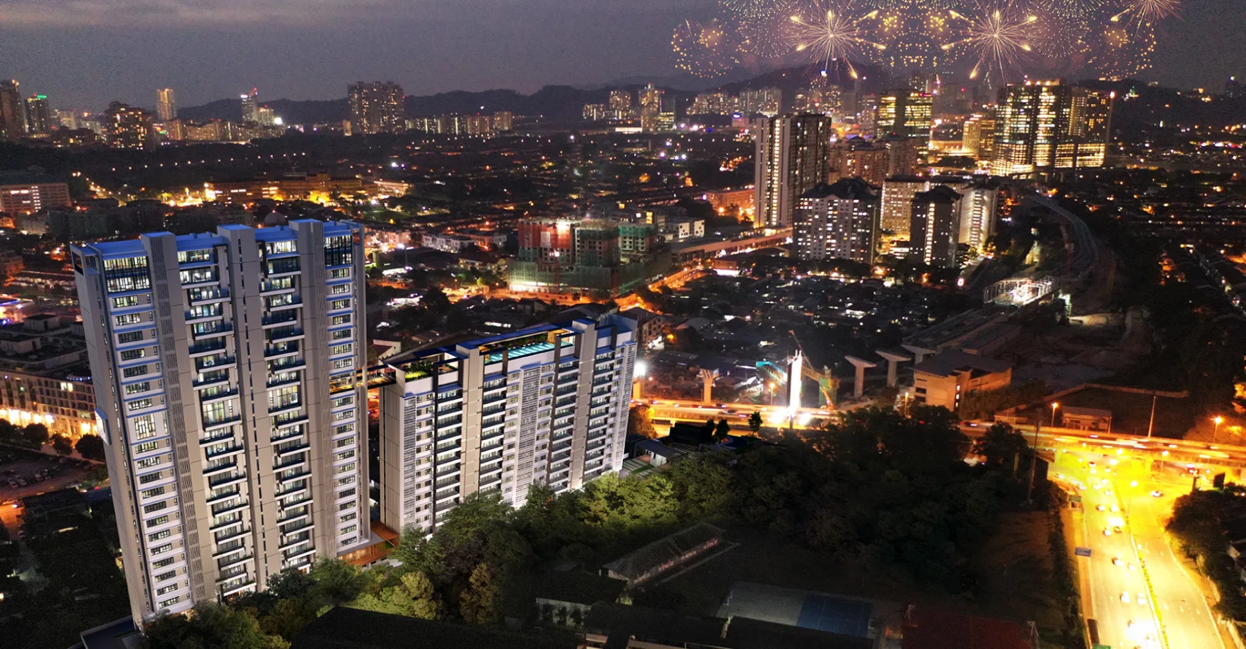 Stellar Damansara towers at night above Damansara Jaya, artist's impression