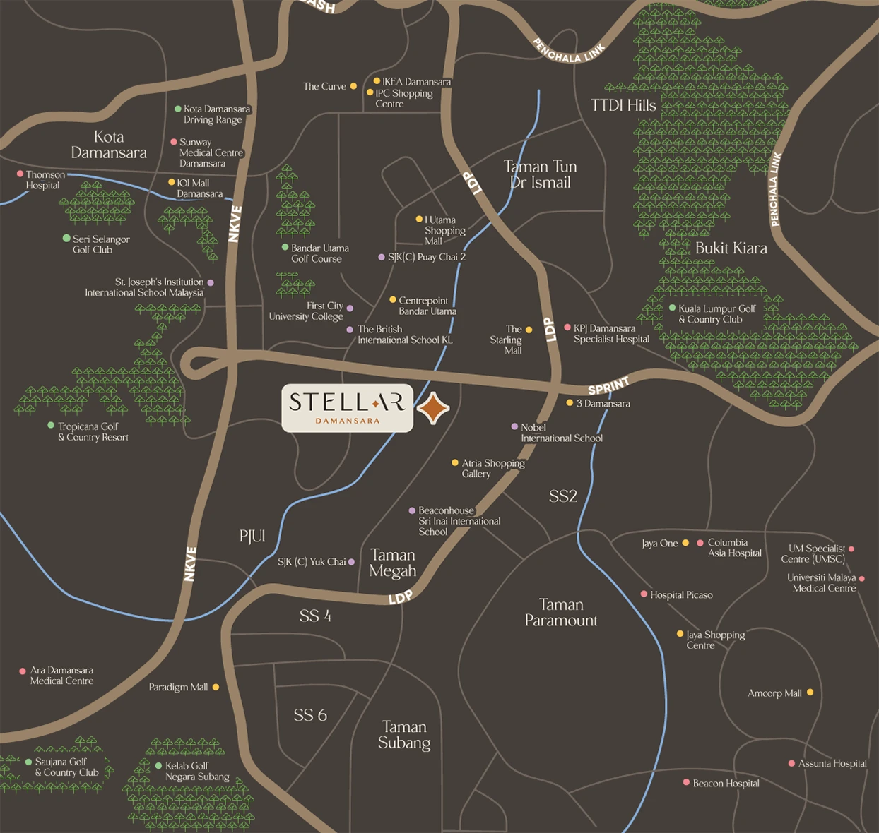 Location map of Stellar Damansara in Damansara Jaya with SS2, Taman Tun Dr Ismail, Kota Damansara and nearby schools and hospitals